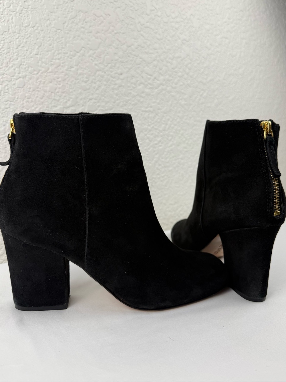 Nine West Genevieve | Black Suede Gold Zip Block Heel Booties | Size 8M